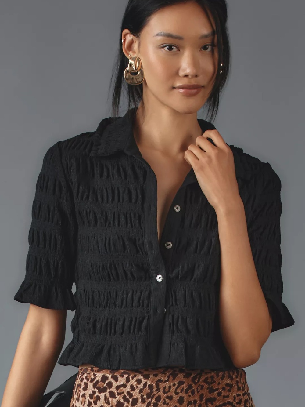 Anthropologie Maeve Smocked Button-Front Top Size Large Whimsigoth Dark Romantic